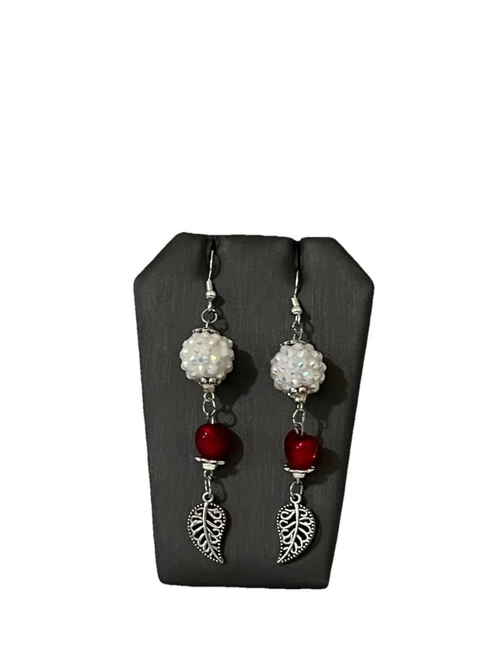 Handmade Christmas Beaded Dangle Earrings Red White Silver Tone Leaf Charm